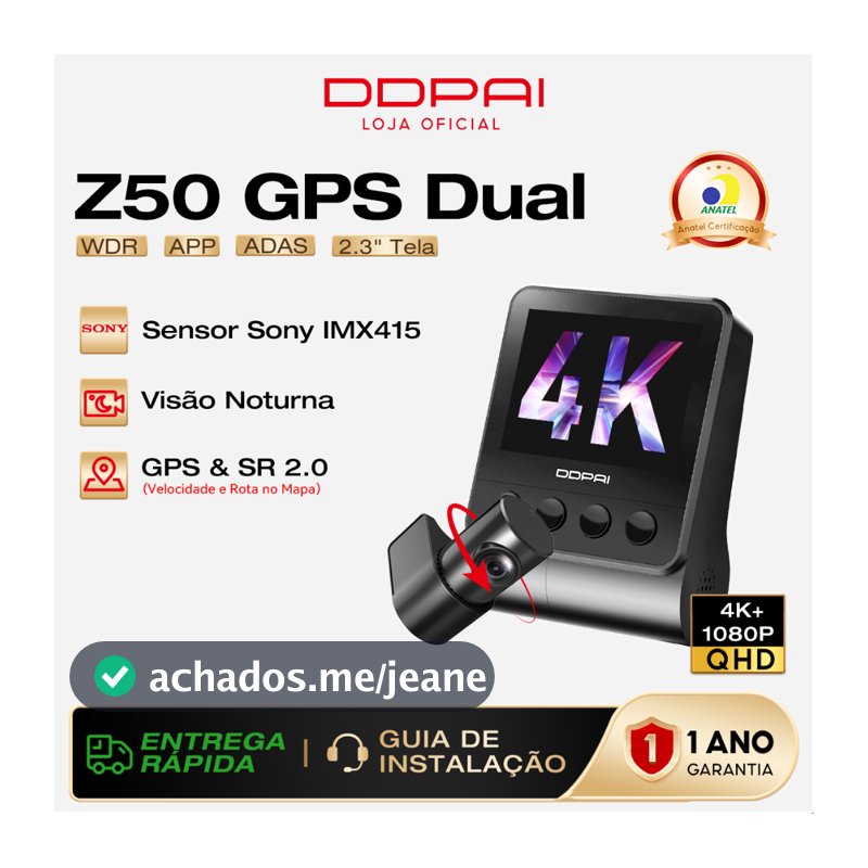Câmera Veicular DDPAI Z50 4K+1080P Com WiFi GPS D²Save Tela 2.3" Supercapacitor Visão Noturna