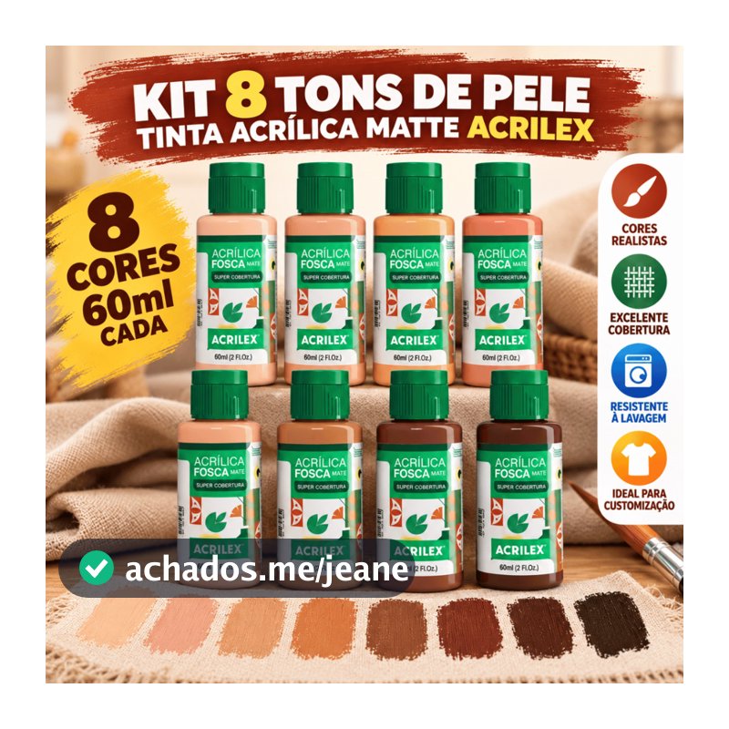 Kit Tinta Acrilica Fosca 8 Tons De Pele 60ml Acrilex Pintura Resina Impressão 3d E Pla
