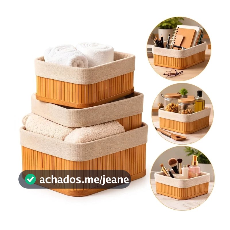 Kit 3 Cestos Organizadores De Bambu Multiuso Com Forro Cestos Bambu Banheiro Armazenar Objetos