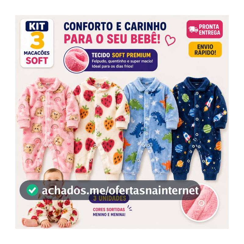 Kit 3 Macacão Soft De Bebê Com Botões Enxoval Infantil