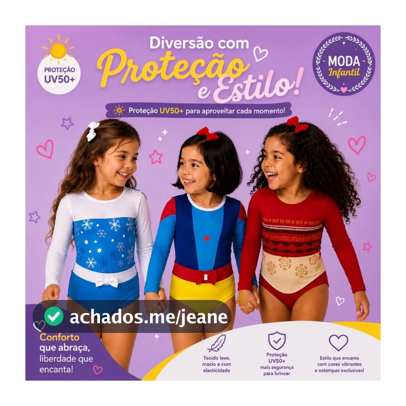 Maiô - body infantil de mangas compridas de princesa e heroina com proteção uv 50 menina