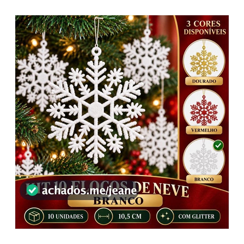 Flocos De Neve 10 Pingentes Grande C/ Glitter Decoração Enfeite Árvore Natal Branco/Vermelho/Dourado