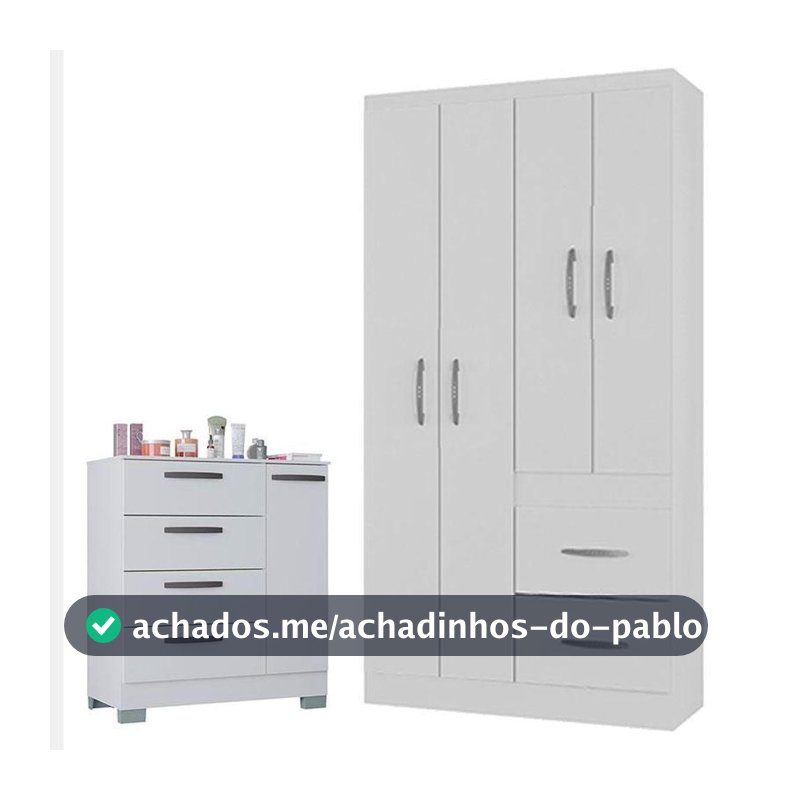 Cômoda 868 4 Gavetas E 1 Porta Com Guarda Roupa Solteiro Milão 4 Portas Branco Brilho - Poquema