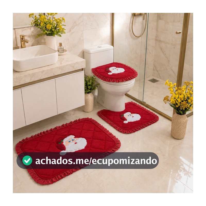 Jogo Tapete Banheiro Bordado Atoalhado Natal 3 peças