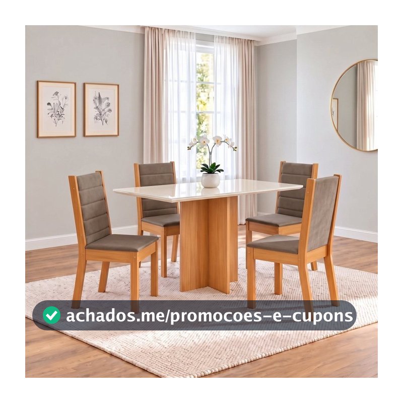 Conjunto Sala de Jantar Mesa Lana 120cm Tampo MDF Vidro Canto Reto 4 Cadeiras Evelin