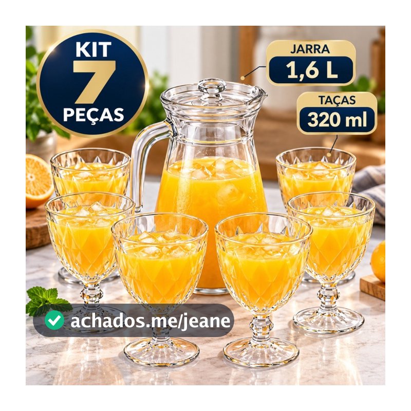 Kit Jarra de Vidro 1,6L com Tampa e 6 Taças Diamond 320ml Conjunto 7 Peças