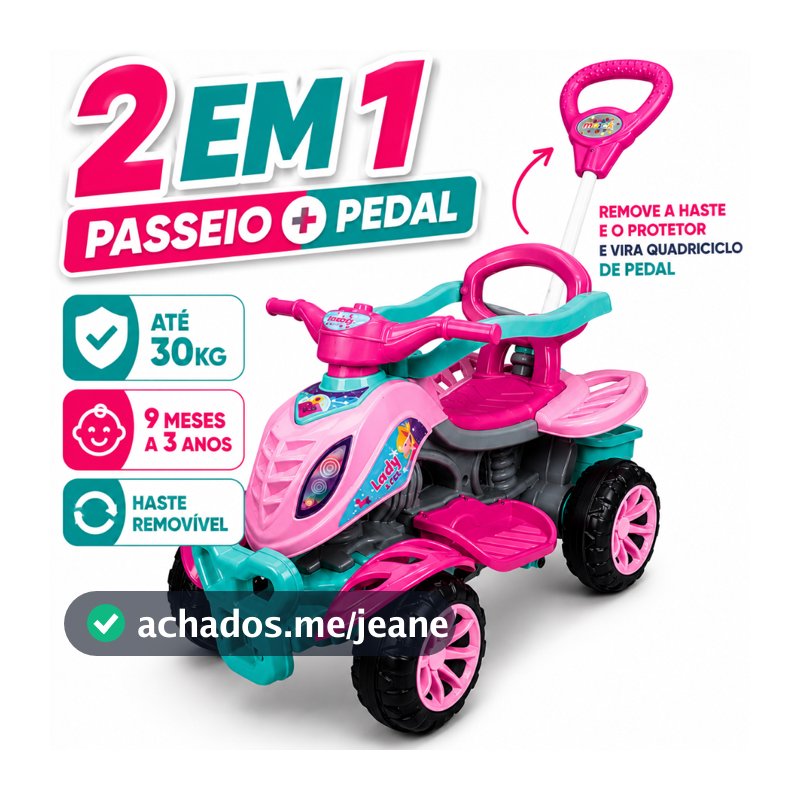 Carrinho Passeio Infantil Quadriciclo Lady Star Rosa 2 em 1 Empurrador Haste Pedal Andador Porta Objetos 30kg