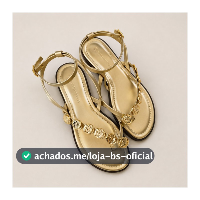 Sandália Rasteira Feminina Dourada Metalizada Medalhas Tiras Fivela Ajustável Casual Confortável