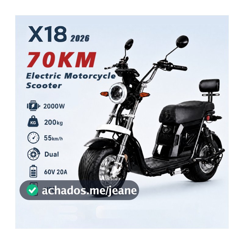 Scooter Moto Elétrica X18, Bateria Lítio 60V 20Ah, NFC, Amortecedor Duplo, 200kg, 55km/h, Autonomia Máxima 70km