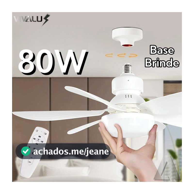 Ventilador Luminária Led 80W 6 Pás Lâmpada Soquete Bocal E27 42CM Teto 3 Cor Branco Preto Com Base