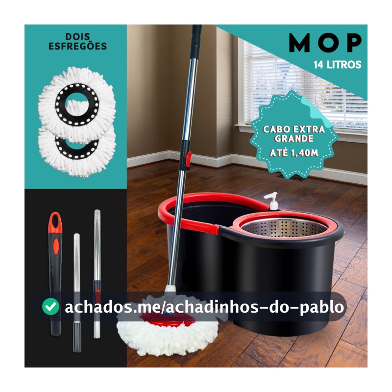 Mop Girátorio Cleaner Profissional – Balde com Centrífuga 14L + Refil Duplo e Cabo Reforçado - MN