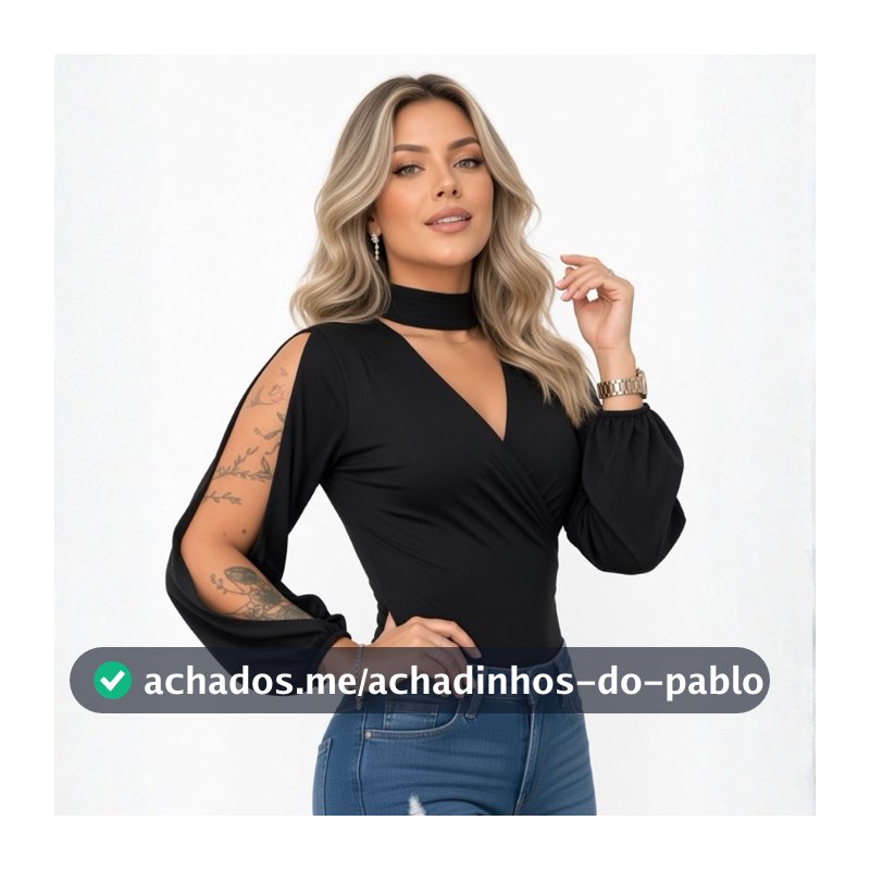 Body Feminino Manga Longa Ombro Aberto Decote V Choker Elegante Tecido Premium — Cod. 258