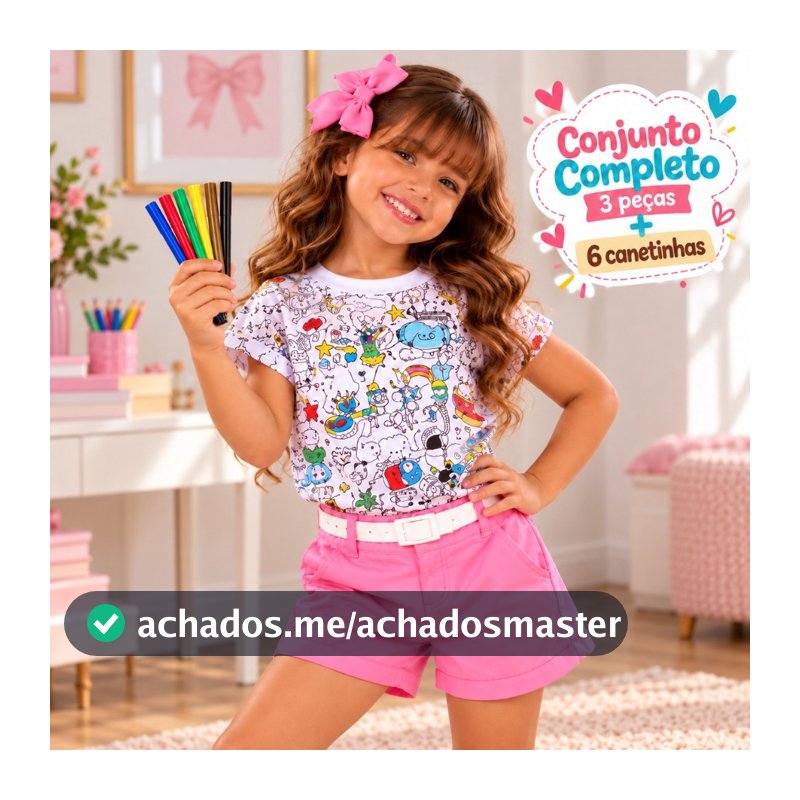 Conjunto Infantil Menina Rosa para Colorir 3 peças + 6 Canetinhas - Presente Dia das Crianças