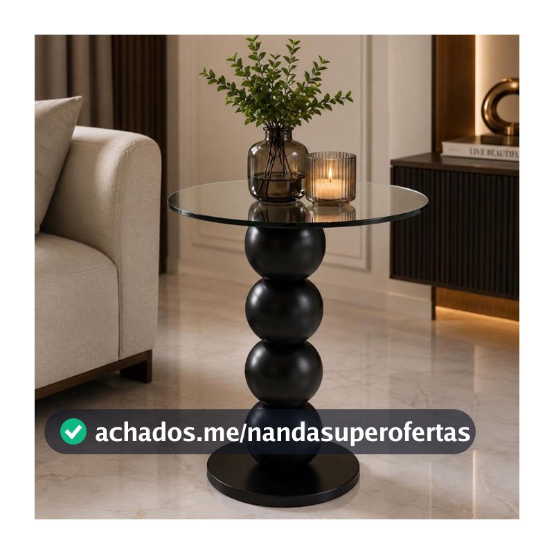 Mesa Lateral Moderna Base Bola Madeira Maciça e Vidro Castanho