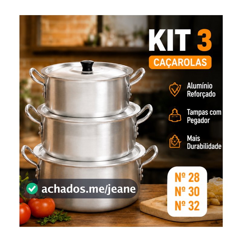 Kit 3 Caçarolas Alumínio Fundido com Tampa N°26 N°28 N°30 | Panela Grande Feijoada Sopa Caldeirão Alta Durabilidade