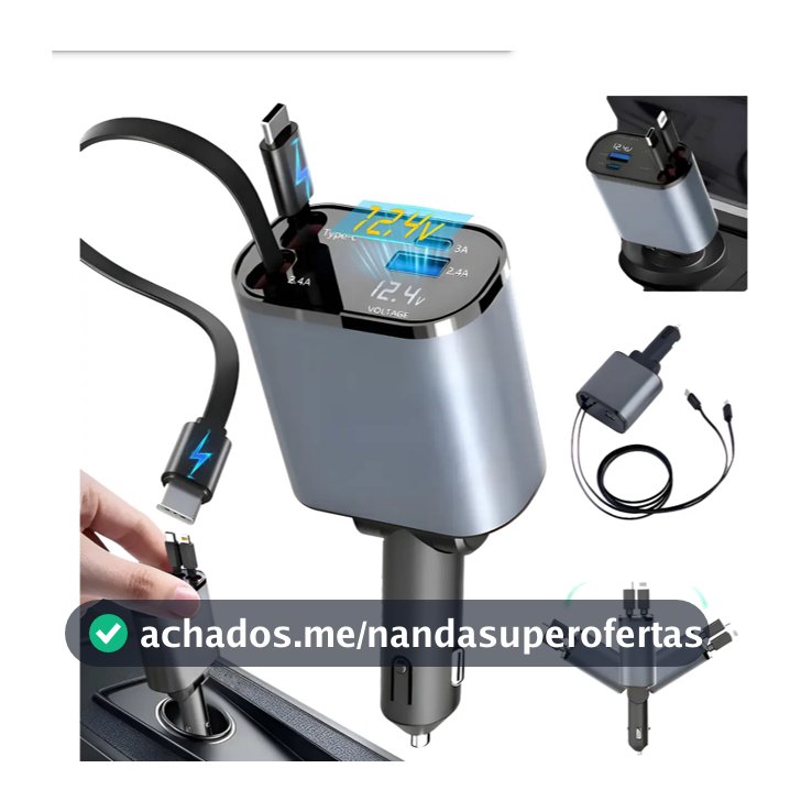 Carregador Veicular 4 em 1 Retrátil USB Tipo C iPhone Android Carga Rápida Carro com Cabo Integrado