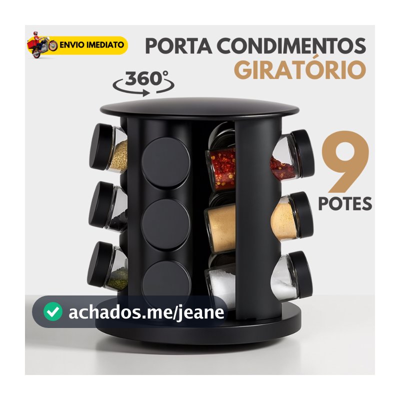 Porta Tempero Condimentos Giratório com 9 Potes de Vidro Preto 360 Graus com Tampa Dosadora