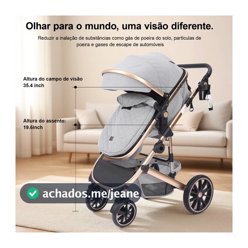 Carrinho de Bebê 3 Em1 Dobrável e Portátil,Com Conforto Moíses Reversível e Base Estrutura Preta e Dourada,Até 40kg