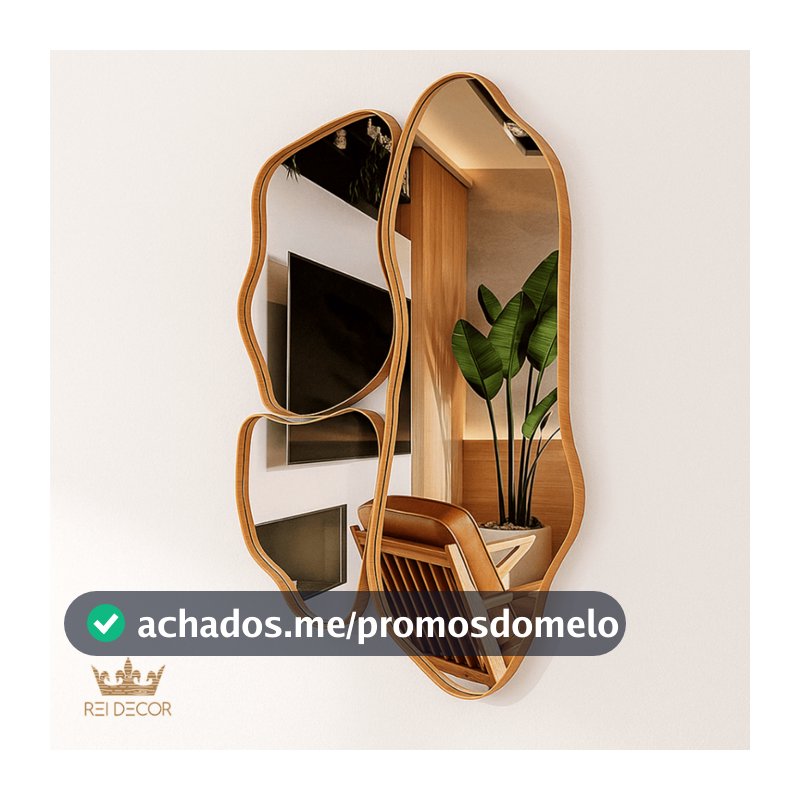 Kit 3 Espelhos Orgânicos Slim Decorativos Cinamomo Moldura Amadeirada Assimétricos c/ Suporte