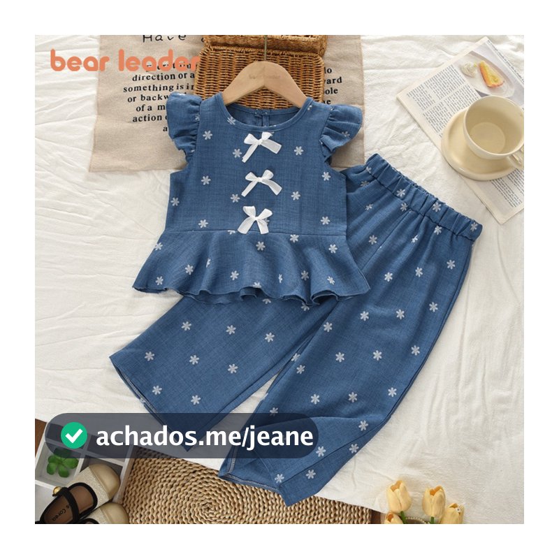 Urso Líder Versão Coreana Arco Retalhos Sem Mangas Camiseta Topo + Calças De Impressão Floral Conjunto De Duas Peças Cas