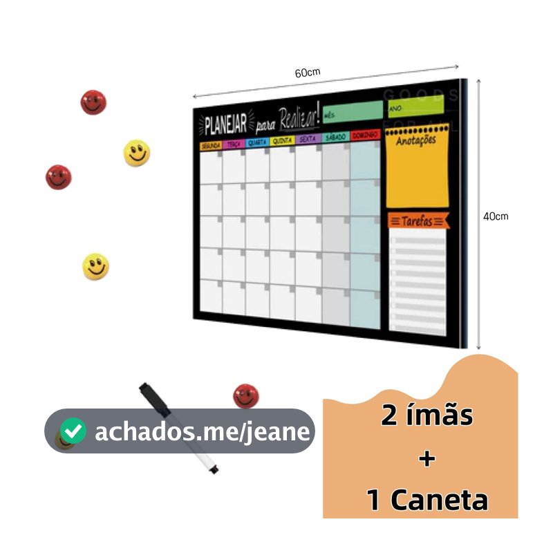 Quadro Lousa Planejador Mensal 40x60 Cm lindo +2 ímãs e 1 caneta com borracha