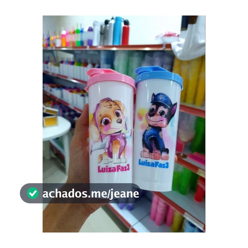 Copos Personalizados Tema Patrulha Canina Menino e Menina Copo Branco com Tampas Sheik 350ml
