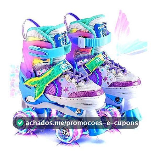 Patins Infantil Sereia 4 Rodas Com Luz De Led Top Patins +Kit Proteção e Sem Kit Proteção Menina Menino Promoção