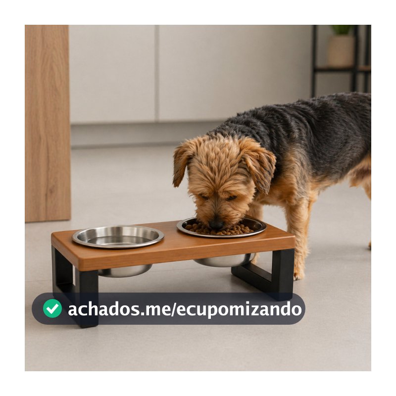 Comedouro Elevado Pet Duplo Madeira 2 Tigelas Alumínio 400ml