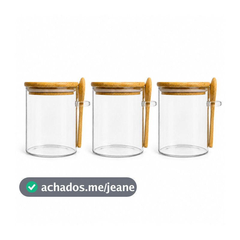 Kit 3 Potes Herméticos de Vidro com Tampa Bambu e Colher 300 a 550 ml