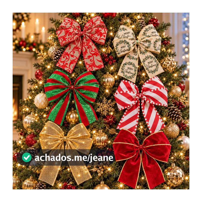 Kit 06 Laços Duplos Natalinos 25x15cm para Árvore e Decoração de Natal