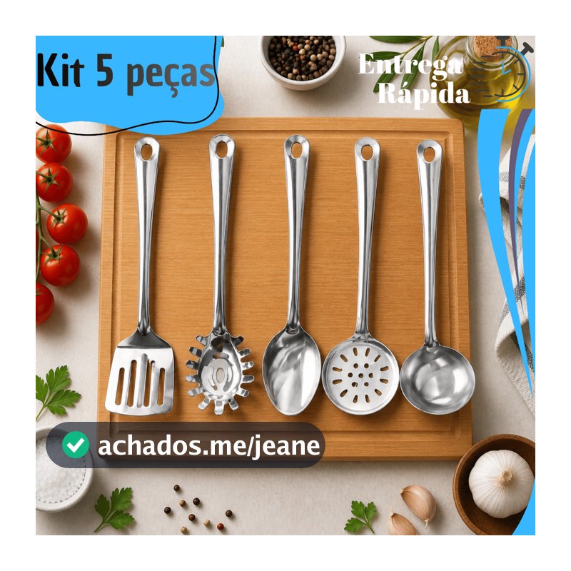 Kit 5 4 3 2 Utensílios Cozinha Inox Colher Arroz Concha Escumadeira Espatula Vazada Pegador Massa Premium Revenda Buffet