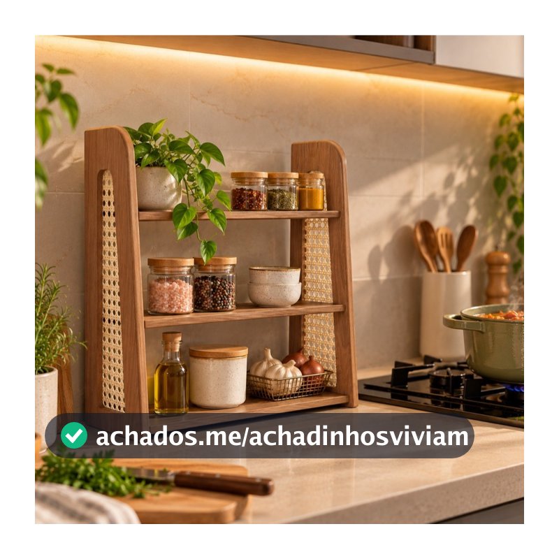 Estante Porta Temperos 3 Prateleiras MDF Palha Indiana Natural Boho Cozinha