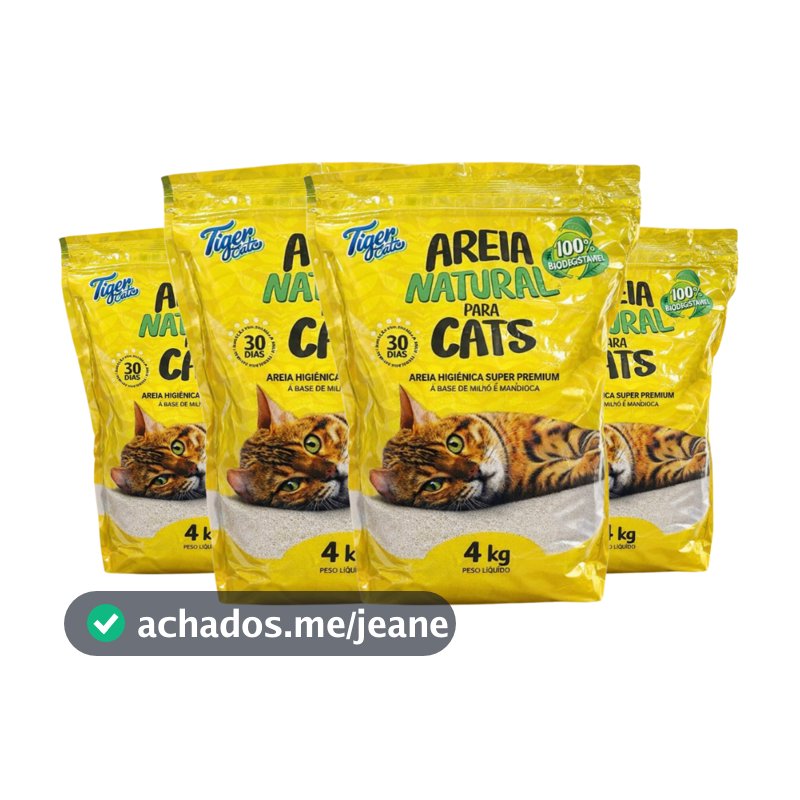 KIT COM 4 AREIA HIGIÊNICA NATURAL BIODEGRADÁVEL MILHO E MANDIOCA PARA GATOS TIGER CATS 4KG