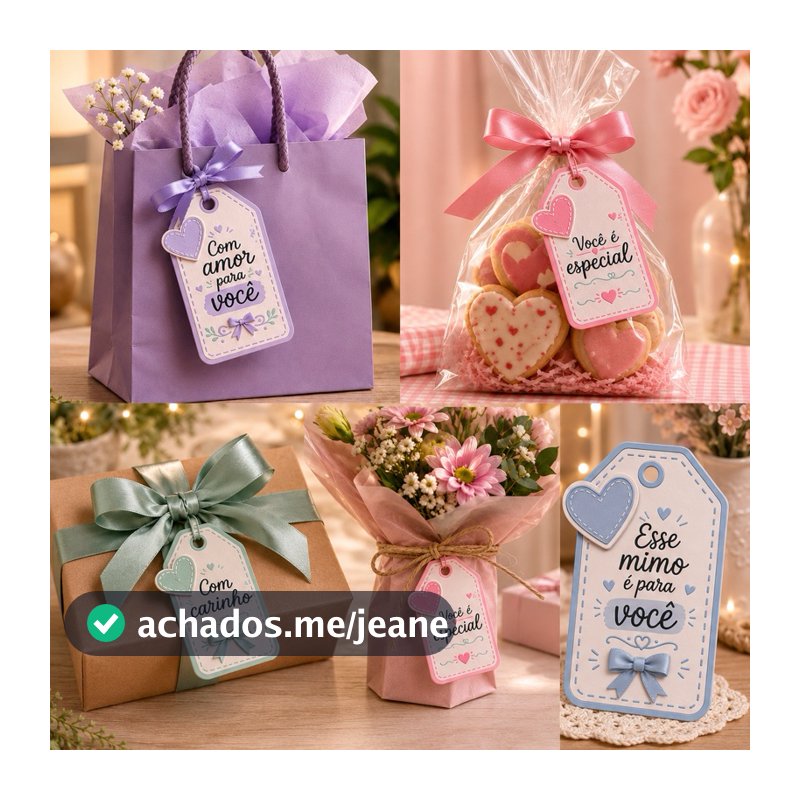 Kit 60 Tags para Presente 4 Modelos Diferentes | Etiqueta Delicada para Embalagens | Tag 4x7cm
