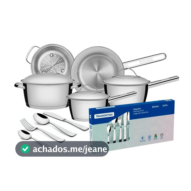 Jogo de Panelas Tramontina Allegra Inox e Indução 5pçs com Faqueiro Tramontina Búzios 24pç Aço Inox