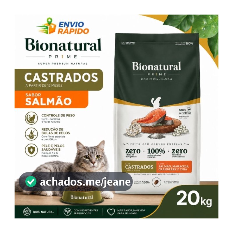 Ração Bionatural Para Gatos Castrados sabor Salmão 20 KG Ração Super Premium