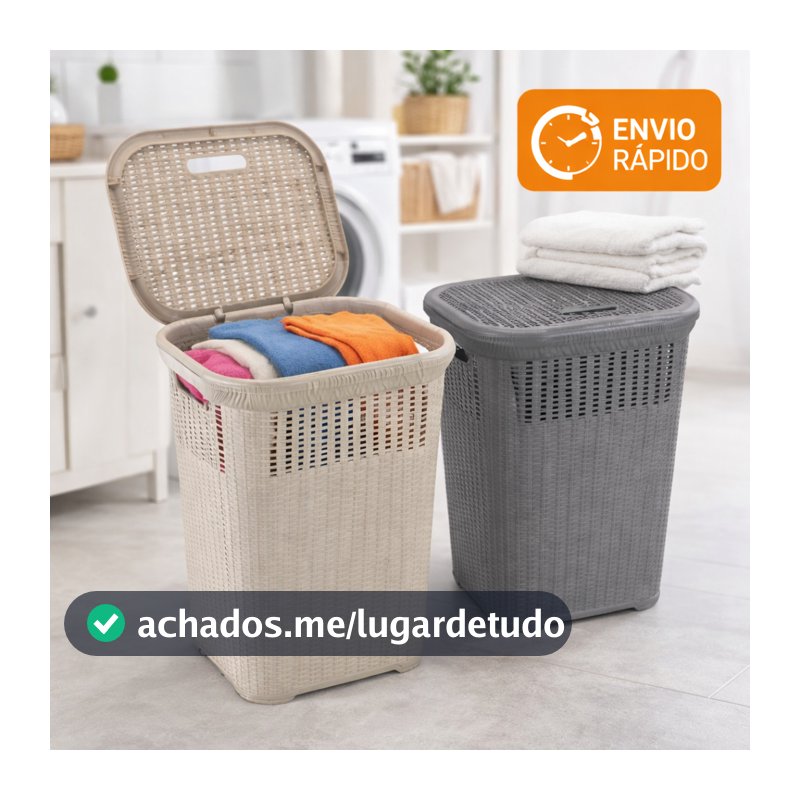 Cesto de Roupa Rattan 50L com Tampa Basculada Grande Lavanderia Premium
