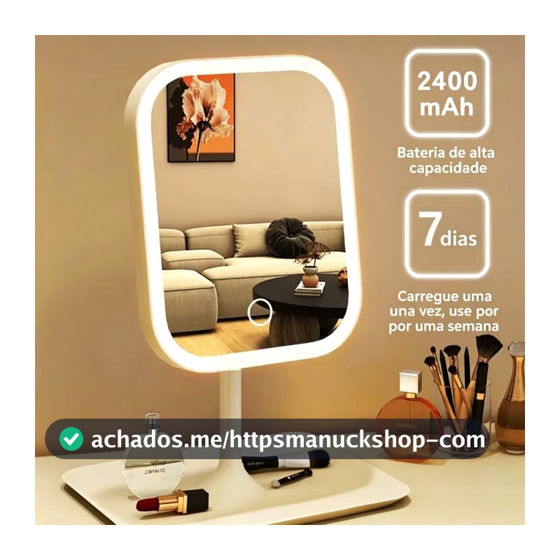 Espelho LED de Mesa Touch Recarregável USB para Maquiagem com Base Porta Objetos e 3 cores de luz