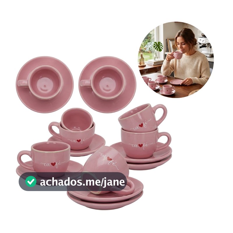 Jogo 6 Xícaras De Café Com Pires Rosa Veneza 90ml Rosa Coração