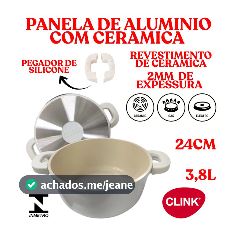 Caçarola Panela Aluminio 24CM 3,8L Revestido De Ceramica Com Aluminio Antiaderente Branca Clink 2MM
