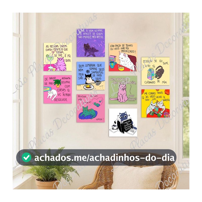 QUADROS FRASES MENSAGENS MOTIVACIONAIS MENTE FOCO DETERMINAÇÃO GATOS GATINHOS GATO PENSADOR KIT 10 PLACAS MDF 20X20cm