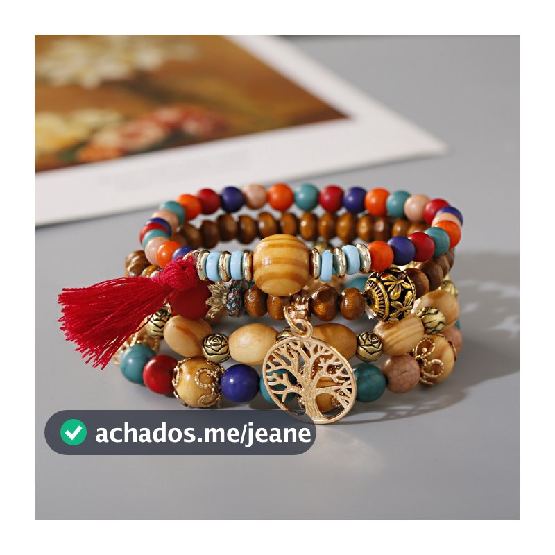 4 Pçs/Set Multilayer Bohemia Pulseira De Contas De Madeira Pulseiras Para As Mulheres Do Vintage Borla Flor Rosa Jóias Femme