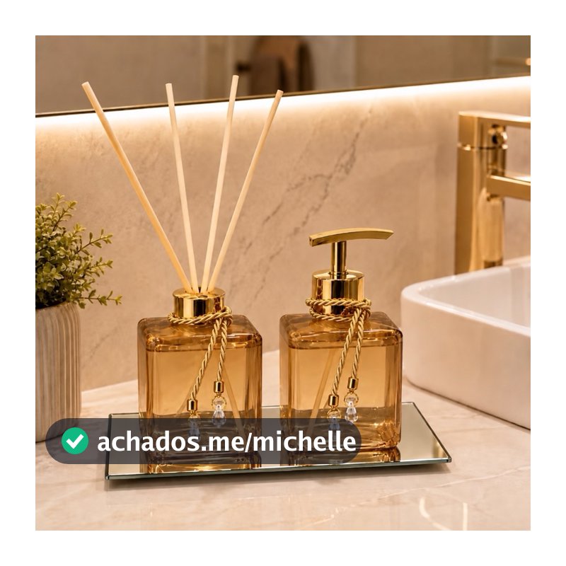 Kit Lavabo Pet Ambar Difusor de Varetas e Saboneteira Luxo Bandeja Banheiro Casa