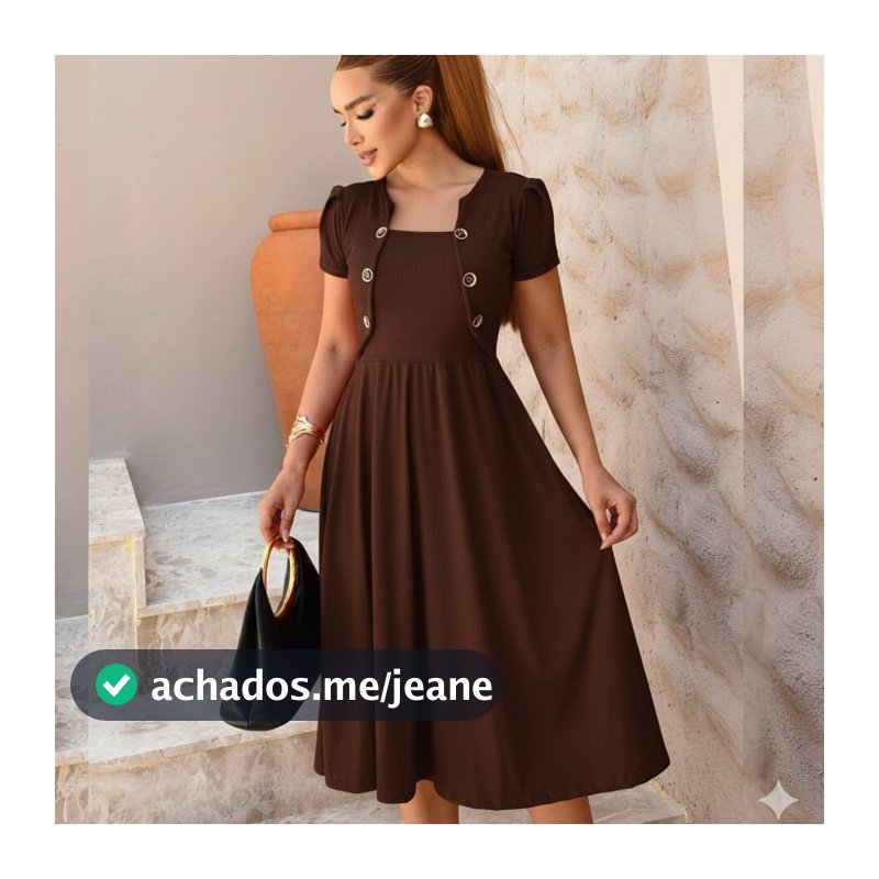 Vestido Feminino Midi Rodado Evangélico Detalhes de Botão Blazer Fake Casual Elegante Manga Bufante Malha Canelada
