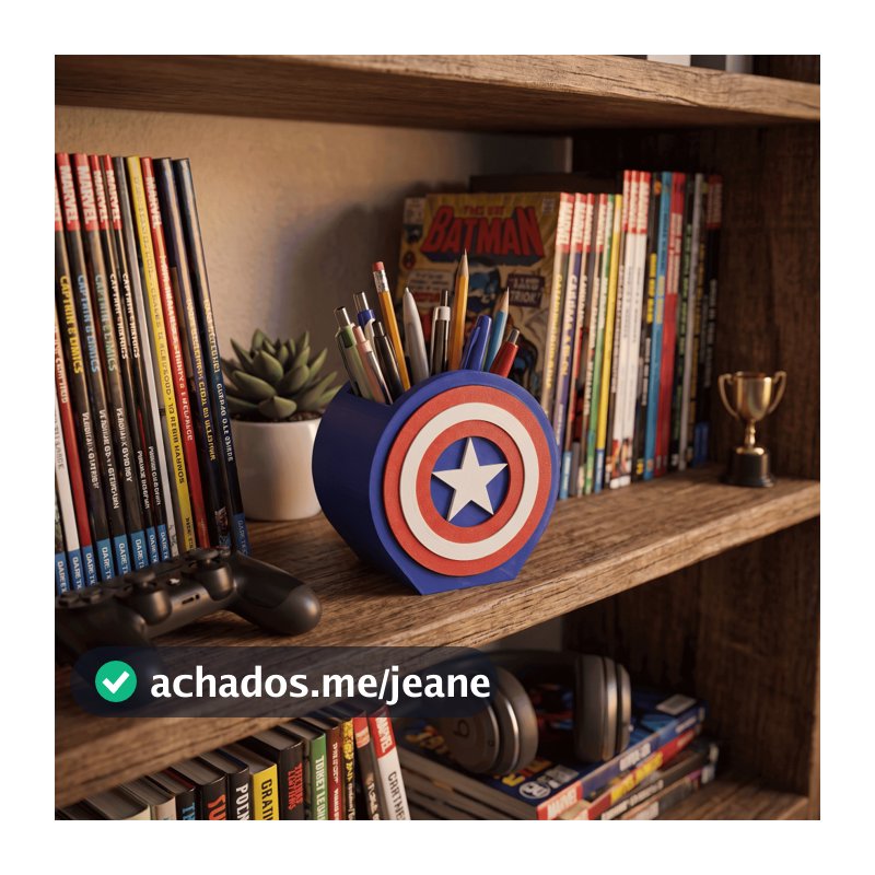 Porta Lápis Capitão América Escudo Geek Nerd | Enfeite Decoração Nerd Marvel Mesa Escritório e Quarto