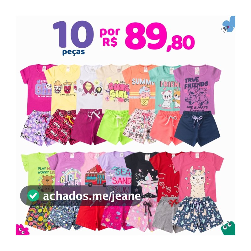 Kit 10 Peças Roupas Infantil Menina Sortido Verão - 5 Camisetas + 5 Shorts - Criança Feminina