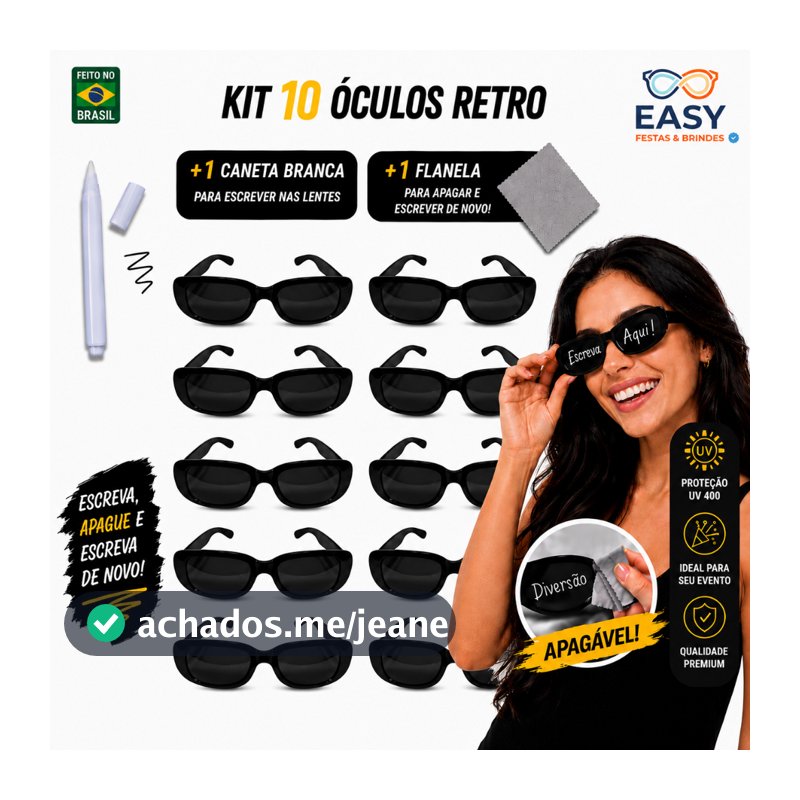 Kit 10 Óculos Festas Retro Preto Tik Tok + Caneta Giz Branco + Flanela