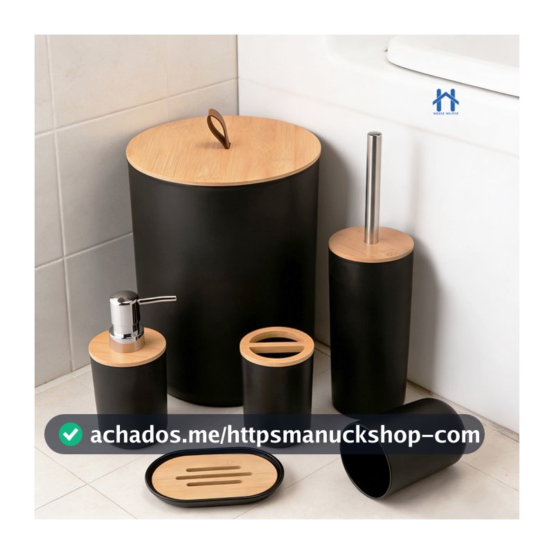 Kit Para Banheiro Com 6 Peças Lavabo Luxuoso Preto ou Branco Com Bambu  Moderno e  Muito Elegante