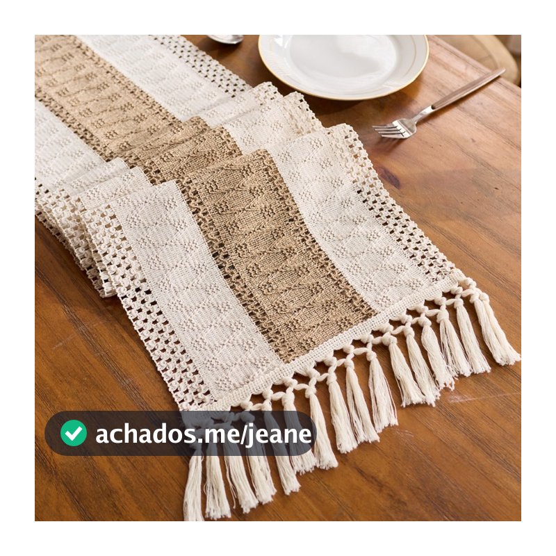 caminho de mesa crochê rendado franjas pingentes tom natural off white e caramelo decoração