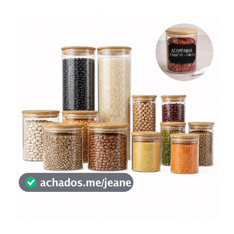 Kit 12 Unidades Potes Herméticos de Vidro Tampa Bambu Vedação Silicone Mantimentos Cozinha Completo
